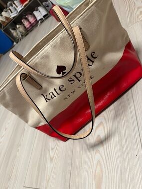 kate spade Red and Cream Canvas Tote with Tan Leather Handles